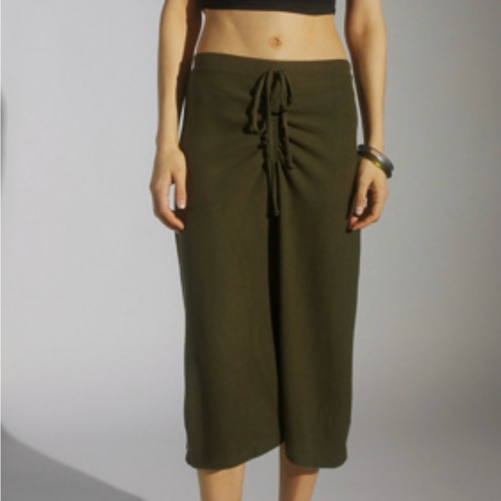 Olive Green Midi Skirt with Ruched Drawstring Detail